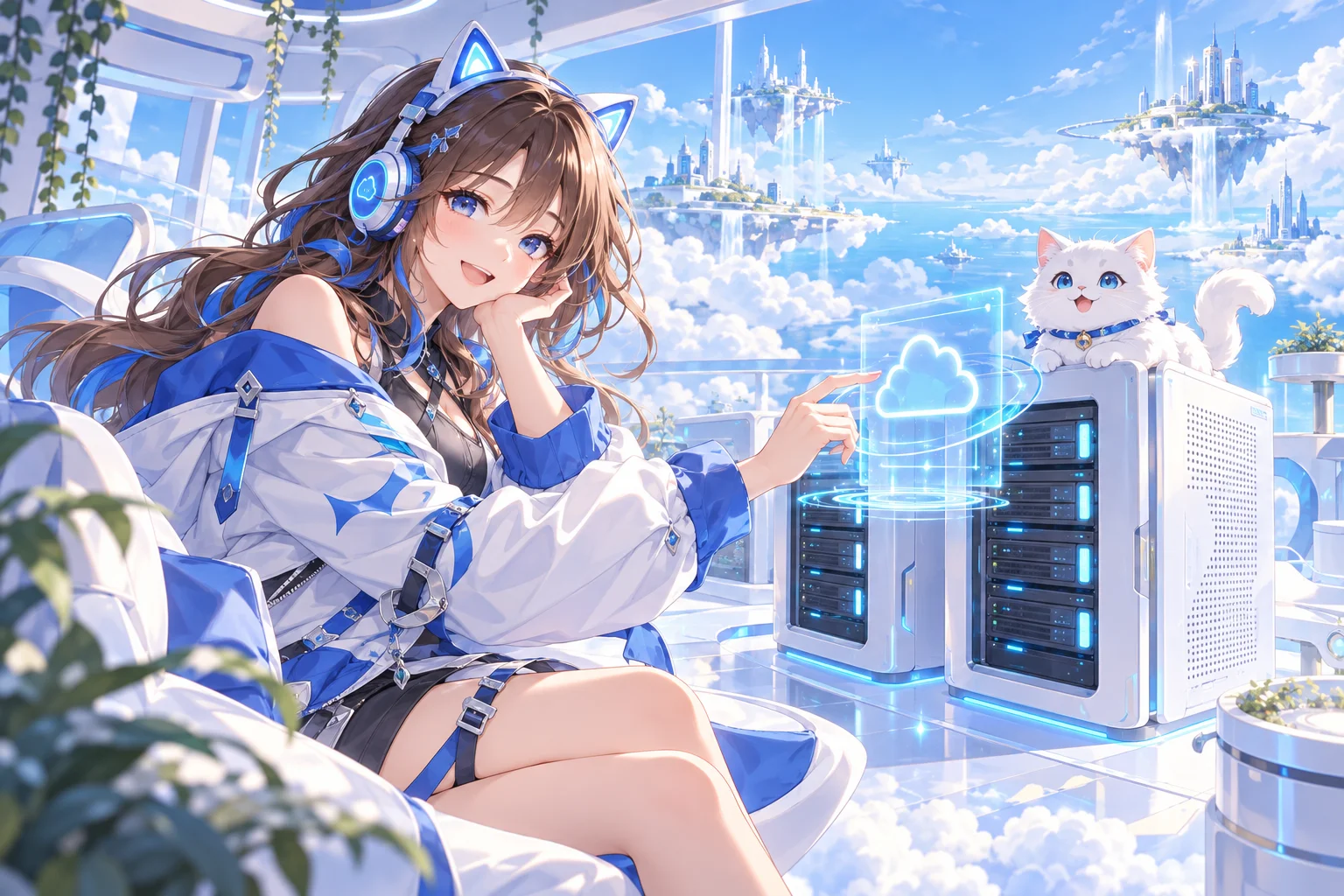 Kỹ sư anime đeo tai nghe mèo cùng những máy chủ xanh trên thành phố đám mây