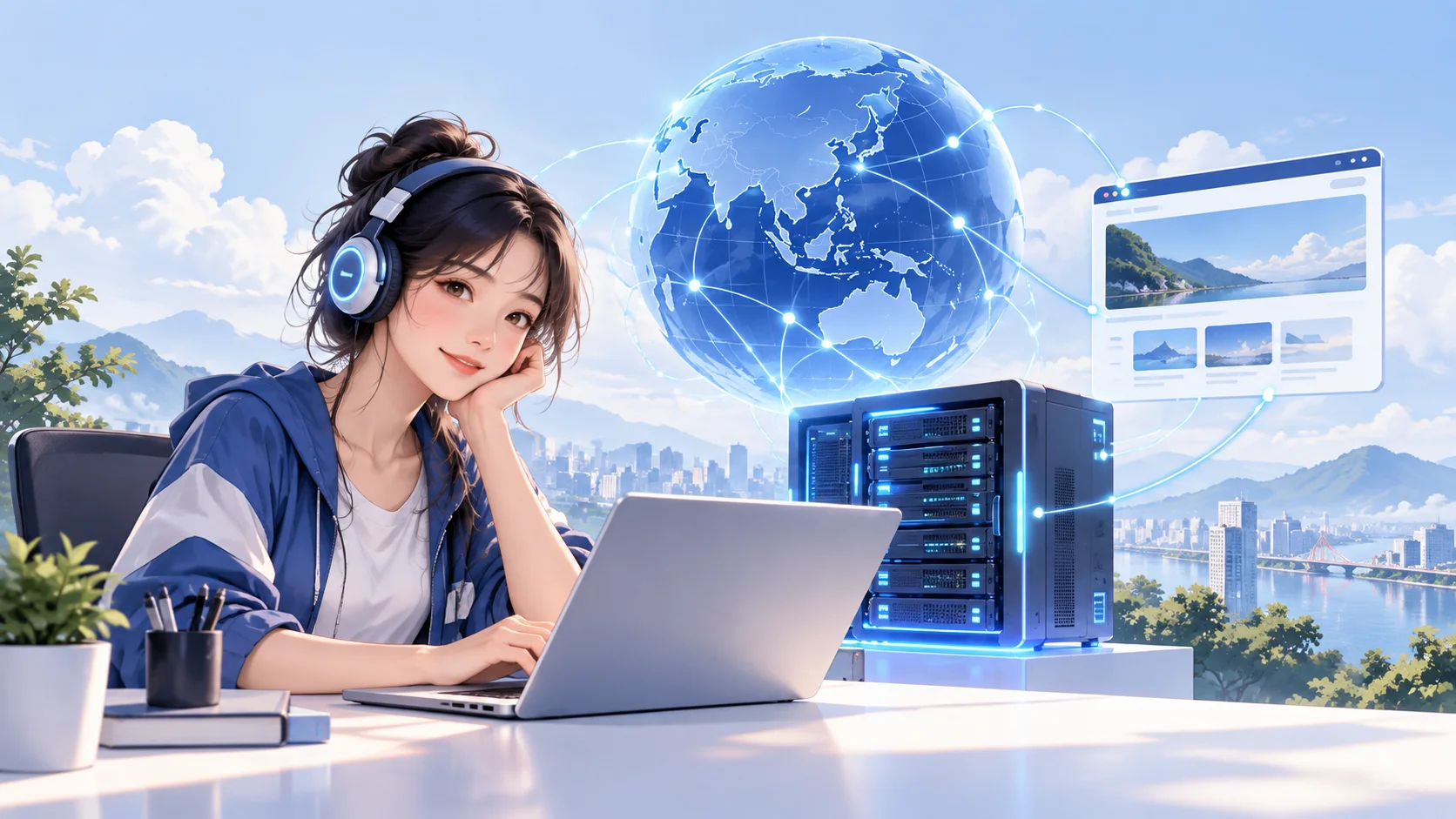 Minh họa kỹ sư cloud kết nối máy chủ VPS, tên miền và website qua DNS